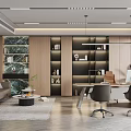 Modern Office Interior Design with Sofa Bookshelves Desk Chairs and Green Plants
