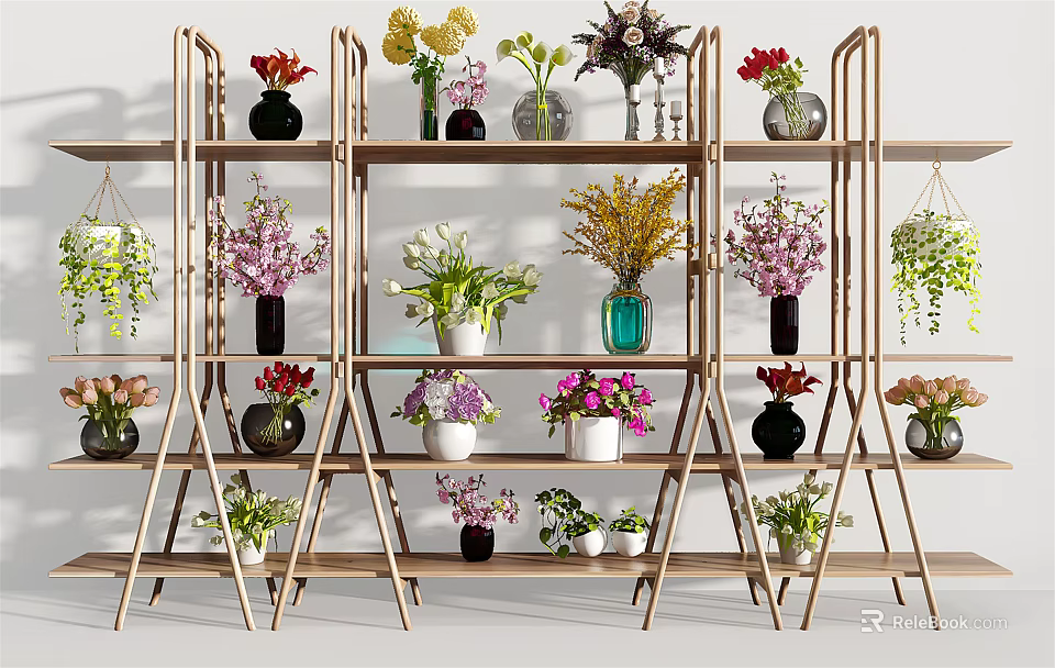 Beautiful Flower Arrangements In Various Decorative Vases On Multi Layer Display Shelves 3d model 