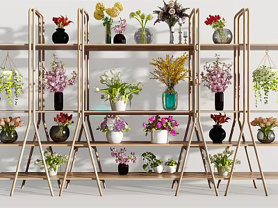 Beautiful Flower Arrangements In Various Decorative Vases On Multi Layer Display Shelves 3d model