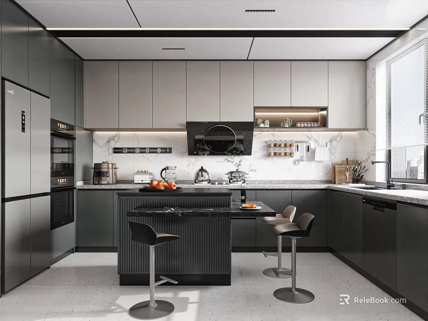 Modern Kitchen Interior Design With Gray Cabinets Black Appliances Island Counter And Bar Stools 3d model 