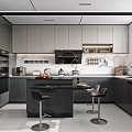 Modern Kitchen Interior Design With Gray Cabinets Black Appliances Island Counter And Bar Stools