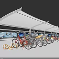Modern Outdoor Bicycle Parking Canopy with Multiple Bicycles and Display Panels 3d model