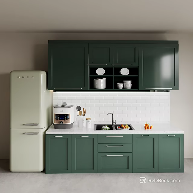 Green Kitchen Cabinets In Modern Kitchen With Appliances 3d model