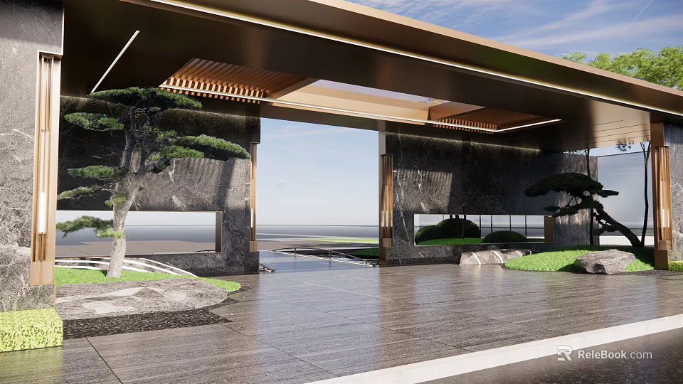 Modern Entrance Gate Design Featuring Wooden Roof Marble Walls And Seaside Landscape 3d model 