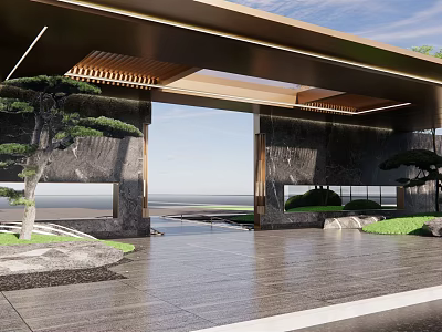 Modern Entrance Gate Design Featuring Wooden Roof Marble Walls And Seaside Landscape 3d model