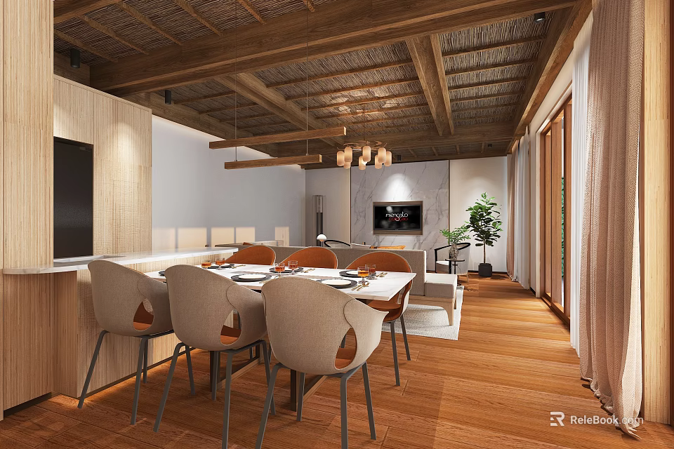 Modern Dining Living Room Interior With Wooden Ceiling Hanging Chandelier Dining Table And Beige Chairs 3d model 
