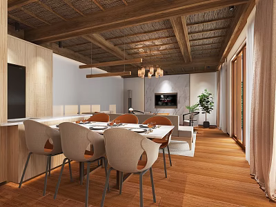 Modern Dining Living Room Interior With Wooden Ceiling Hanging Chandelier Dining Table And Beige Chairs 3d model