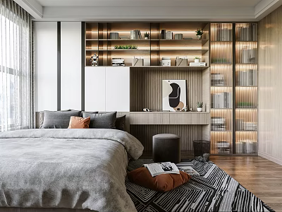 Modern Tatami Bedroom Interior With Gray Bedding Wooden Bookshelves Decorative Painting And Patterned Rug 3d model