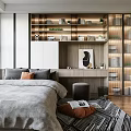 Modern Tatami Bedroom Interior With Gray Bedding Wooden Bookshelves Decorative Painting And Patterned Rug