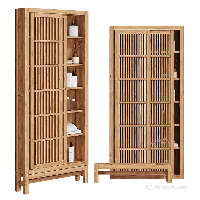 Natural Wooden Bookcase With Vertical Slat Doors And Shelves For Storage Items 3d model 