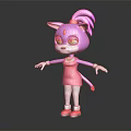 Cute Pink Fox Cartoon Character Wearing Pink Dress White Socks And Red Shoes With Ponytail