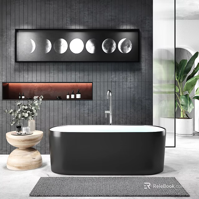 Modern Black Bathtub in Bathroom with Moon Phase Wall Art Wooden Stool and Green Plant 3d model 
