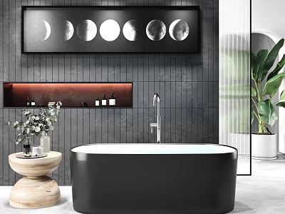 Modern Black Bathtub in Bathroom with Moon Phase Wall Art Wooden Stool and Green Plant 3d model