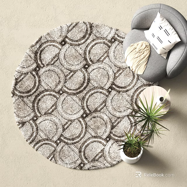 Round Rug With Geometric Patterns In Neutral Tones Living Room Gray Sofa And Potted Plant 3d model 