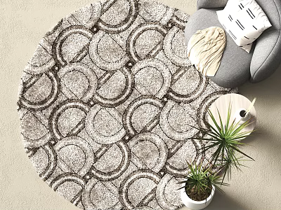 Round Rug With Geometric Patterns In Neutral Tones Living Room Gray Sofa And Potted Plant 3d model