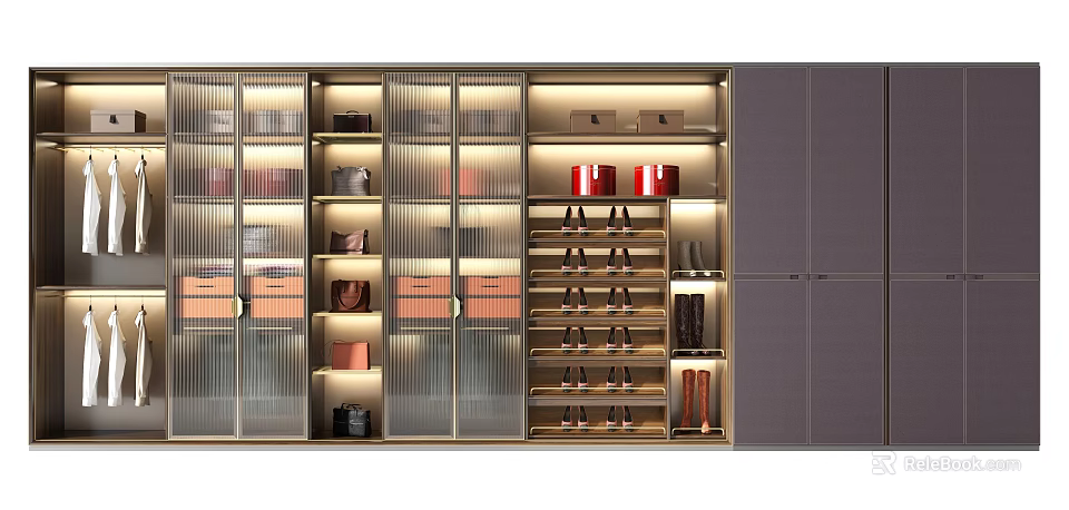 Modern Wardrobe With Glass Doors Lighting And Storage Shelves For Shoes Bags 3d model 
