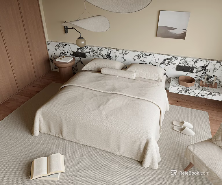 Double Bed with Beige Quilt Black White Patterned Headboard Wooden Floor Nightstand and Open Book 3d model 