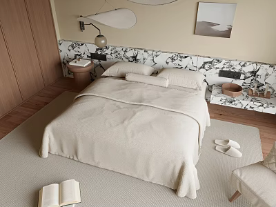 Double Bed with Beige Quilt Black White Patterned Headboard Wooden Floor Nightstand and Open Book 3d model