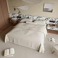 Double Bed with Beige Quilt Black White Patterned Headboard Wooden Floor Nightstand and Open Book