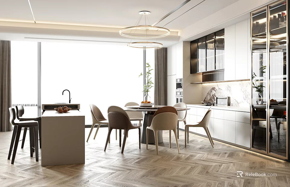Modern Restaurant Interior With Open Layout Dining Table Circular Pendant Light White Cabinets Herringbone Floor 3d model