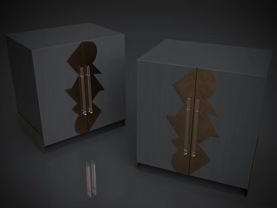 Two Modern Gray Bedside Tables With Brown Geometric Door Patterns And Metal Handles 3d model