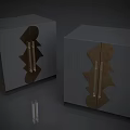 Two Modern Gray Bedside Tables With Brown Geometric Door Patterns And Metal Handles