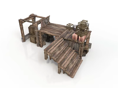 Wooden Building Structure With Wooden Planks Stairs Barrels And Lantern Decorations 3d model