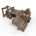 Wooden Building Structure With Wooden Planks Stairs Barrels And Lantern Decorations