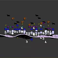Purple Grid Surface With Colorful Small Spheres And Floating Black Objects