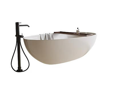 Sleek Modern Freestanding White Bathtub with Black Faucet and Wooden Edge 3d model