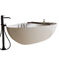 Sleek Modern Freestanding White Bathtub with Black Faucet and Wooden Edge