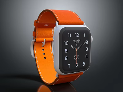 Modern Watch With Orange Leather Strap Black Dial And White Numbers 3d model