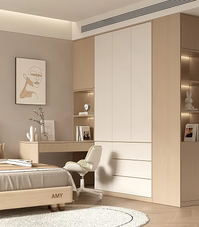 Modern Minimalist Bedroom Wardrobe Interior Design With Light Wood Tones And Open Shelves 3d model
