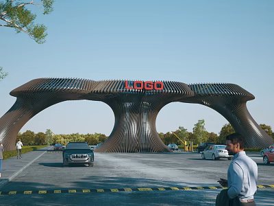Unique Modern Entrance Gate Design Featuring LOGO Top with Trees and Road Vehicles 3d model