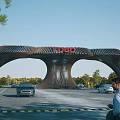 Unique Modern Entrance Gate Design Featuring LOGO Top with Trees and Road Vehicles