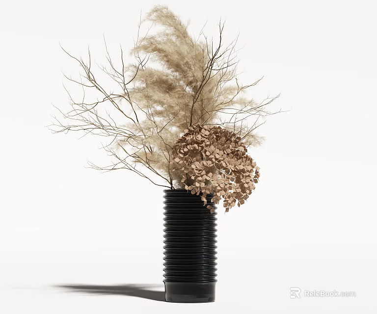 Dried Flower Arrangement in Black Ribbed Vase with Slender Branches and Brown Hydrangea-like Dried Flowers 3d model 