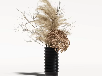 Dried Flower Arrangement in Black Ribbed Vase with Slender Branches and Brown Hydrangea-like Dried Flowers 3d model