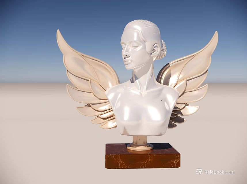 Elegant White Female Bust Sculpture With Angel Wings On Brown Base 3d model 