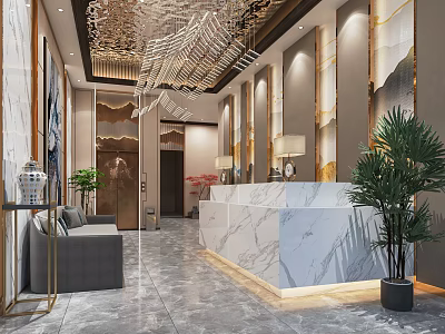Elegant Hotel Lobby Interior With Marble Reception Desk Chandelier And Green Plants 3d model