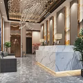 Elegant Hotel Lobby Interior With Marble Reception Desk Chandelier And Green Plants