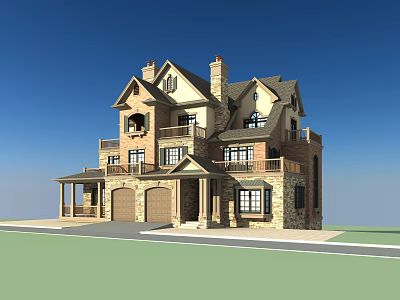 Two Story Detached Villa Exterior With Stone Brick Walls Chimney Garage And Front Porch 3d model