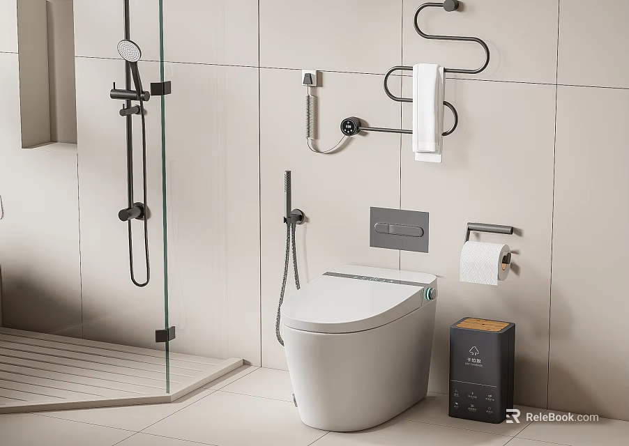 Modern Bathroom Interior With Smart Toilet Tiled Walls Toilet Paper Holder And Trash Bin 3d model 