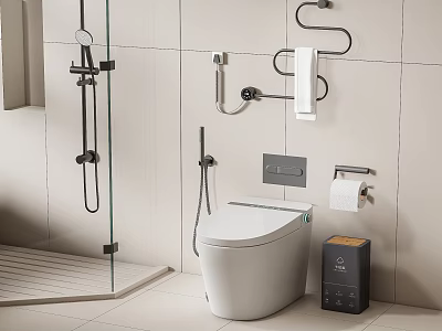 Modern Bathroom Interior With Smart Toilet Tiled Walls Toilet Paper Holder And Trash Bin 3d model