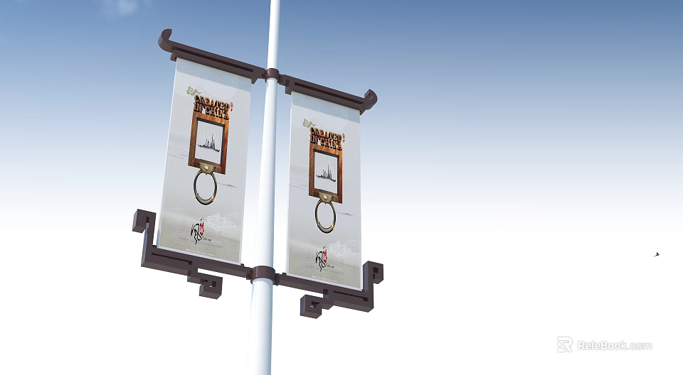 Double Sided Billboard On Light Pole With Text Graphics And Blue Sky Background 3d model