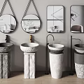 Modern Freestanding Washbasins With Textured Stone Bases And Hanging Mirrors