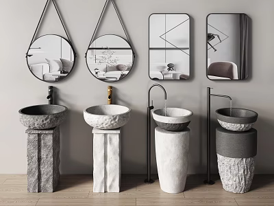Modern Freestanding Washbasins With Textured Stone Bases And Hanging Mirrors 3d model