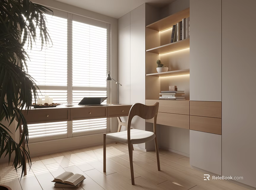 Modern Study Room With Wooden Desk Bookshelf Books Small Plant Window Blinds And Warm Lighting 3d model 