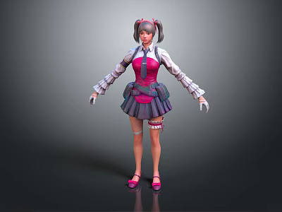3D Anime Character Girl With Twin Tails Pink Purple School Uniform And Bandages 3d model