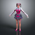 3D Anime Character Girl With Twin Tails Pink Purple School Uniform And Bandages
