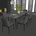 Modern Six Seater Dining Table Set With Gray Marble Top Velvet Chairs And Floral Centerpiece